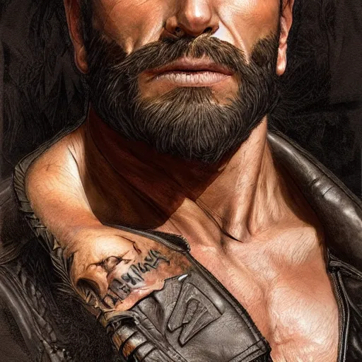 Prompt: Portrait of rugged scarred muscular man with stubble beard wearing a black leather jacket, waist high, intricate, wild, highly detailed, digital painting, artstation, concept art, smooth, sharp focus, illustration, art by artgerm and greg rutkowski and alphonse mucha