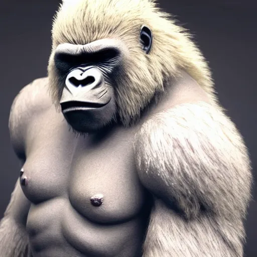 Image similar to angry tough rough looking albino gorilla. scars, battle damage, scratched armor, interesting 3 d character concept by square enix, rough game art, hyper detailed, character modeling, cinematic, final fantasy, video game character concept, ray tracing, fur details, maya, c 4 d