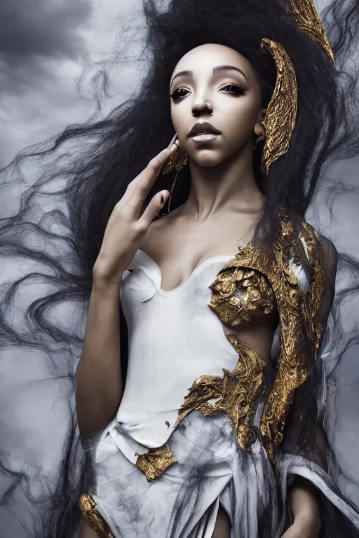 Image similar to photoshoot of tinashe as mysterious dark goddess of death, realism, clouds, swirling fabric, elaborate ornate growth, gilded relief, volumetric lighting, light shafts, ambient light, trending on artstation, by alessio albi