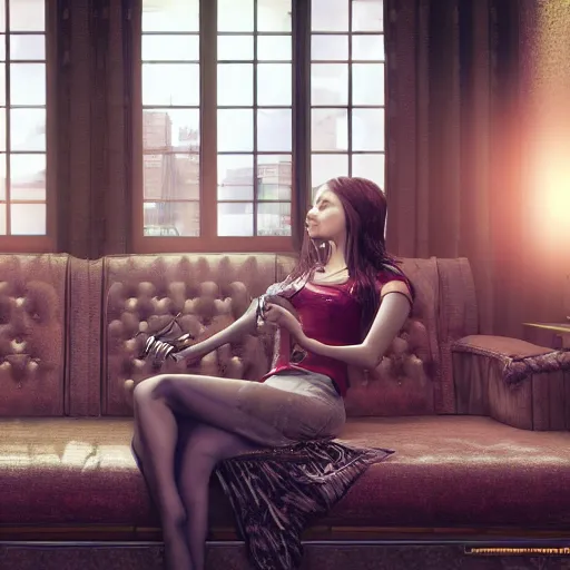 Prompt: a beautiful female is sitting on her living room couch. She is dressed casually and is watching TV, Realistic, Refined, Detailed Digital Art, Steampunk, Highly Detailed, Cinematic Lighting, Unreal Engine, 8k, HD