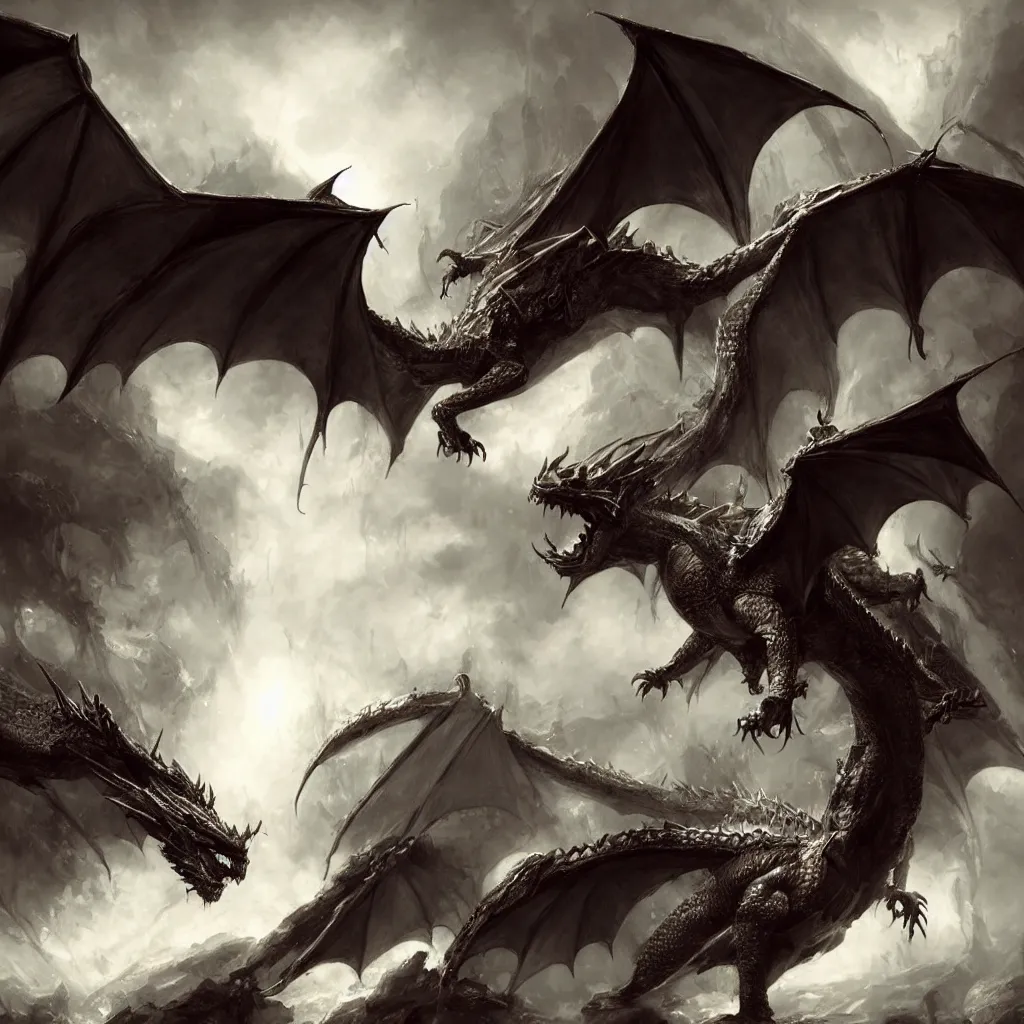 Prompt: a dragon, artwork by raymond swanland