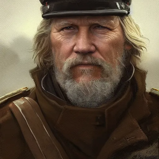 Image similar to portrait of a man by greg rutkowski, he looks like jeff bridges, wearing the military uniform of the corellian confederation, star wars expanded universe, he is about 5 0 years old, highly detailed portrait, digital painting, artstation, concept art, smooth, sharp foccus ilustration, artstation hq