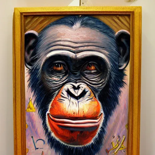 Image similar to portre of an autistic demonic chimpanzee on acid, masonic and kabalistic symbols in background, oil painting