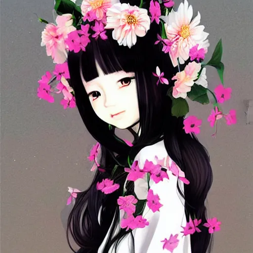 Prompt: chinese little girl with flowers in hair wearing an white dress. art by ilya kuvshinov, profile picture, inspired in hirohiko araki, realistic, highly detailed, 8 0 s anime art style