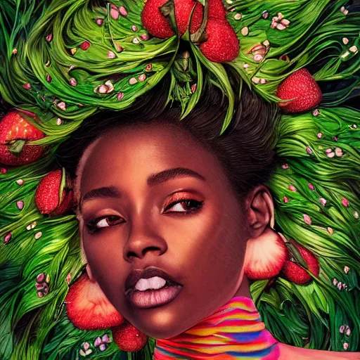 Image similar to the portrait of an absurdly beautiful, graceful, elegant, sophisticated, fashionable black woman made of strawberries and green petals looking up, an ultrafine hyperdetailed illustration by kim jung gi, irakli nadar, intricate linework, bright colors, octopath traveler, final fantasy, unreal engine 5 highly rendered, global illumination, radiant light, detailed and intricate environment