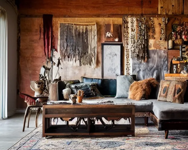 Prompt: sunrise photo of a tastefully decorated bohemian living room with dark luxurious furnishings, and a mix of antique and modern furniture, and a mix of concrete and raw wood finishes