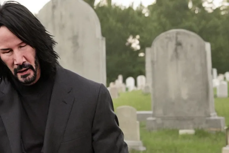 Image similar to film still of keanu reeves crying in a cemetery in a new sad movie keanu grieves