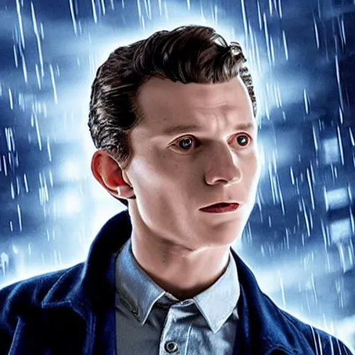 Image similar to tom holland as a rough dirty old man with a scruffy beard in a dark blue trenchcoat as the new doctor who, cinematic, volumetric lighting, f 8 aperture, cinematic eastman 5 3 8 4 film, photorealistic