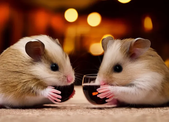 Image similar to photo of a hamsters on a date, drinking red wine, at night, faded colors, candlelit restaurant table, various poses, soft light, centered, sharp focus, 8 k