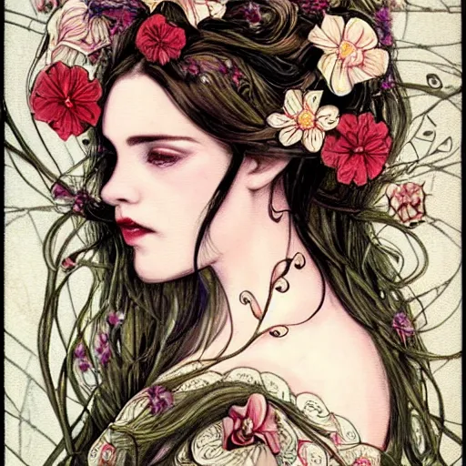 Prompt: realistic detailed face portrait of a beautiful woman with flowers in her hair by jenny savilla, fairytale, art nouveau, victorian, neo - gothic, character concept design, smooth, extremely sharp detail, finely tuned detail, story book design, storybook layout