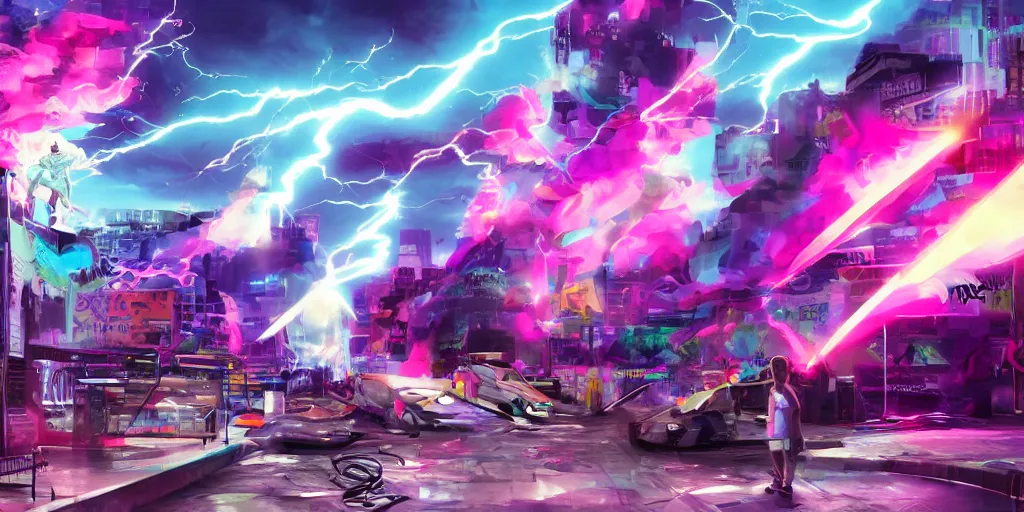 Prompt: Lightning rap battle, digital art, vapor wave, hip hop, graffiti, trending on Artstation, professional artist, detailed, 4k