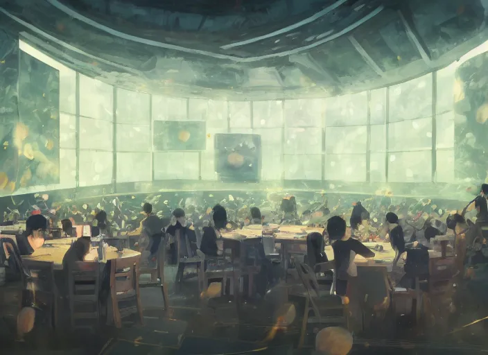 Image similar to anime background clean neat clarity professional visual development set design, large hall, a lot of people sitting on round 1 0 tables, dim painterly lighting volumetric aquatics, impasto, trending on pixiv