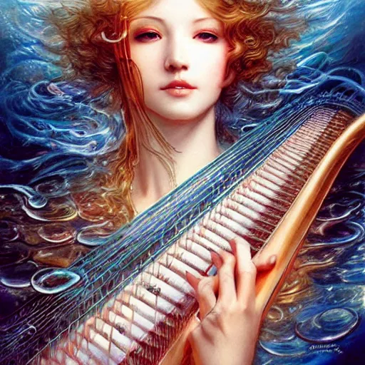 Image similar to a beautiful harp manipulating water by karol bak, ayami kojima, artgerm, river, water, blue eyes, smile, concept art, fantasy