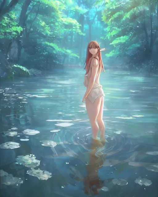 Prompt: a female water spirit in a river, trees, shady atmospheric, magical, made of water, ripples, Narnia. By Makoto Shinkai, Stanley Artgerm Lau, WLOP, Rossdraws, James Jean, Andrei Riabovitchev, Marc Simonetti, krenz cushart, Sakimichan, trending on ArtStation, digital art.