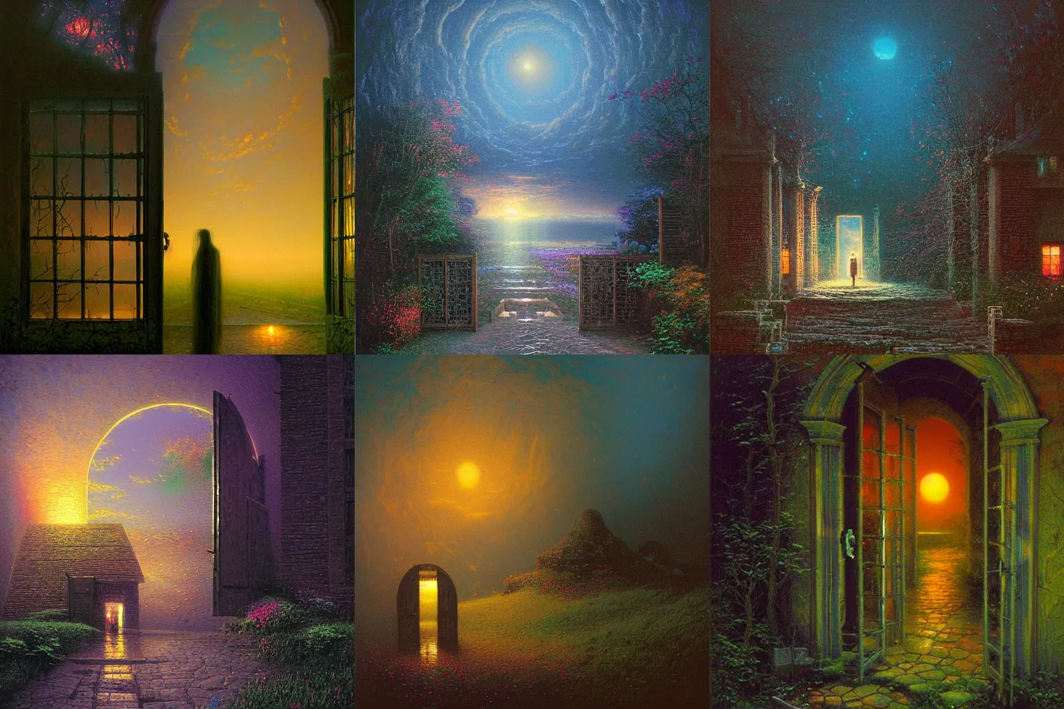 Prompt: the doors into night by Thomas Kinkade and Zdislaw Beksinski