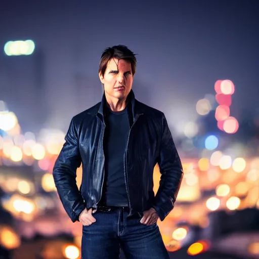 Image similar to a still of Tom Cruise. Shallow depth of field. City at night in background, lights, colors ,studio lighting, mood, 4K. Profession photography