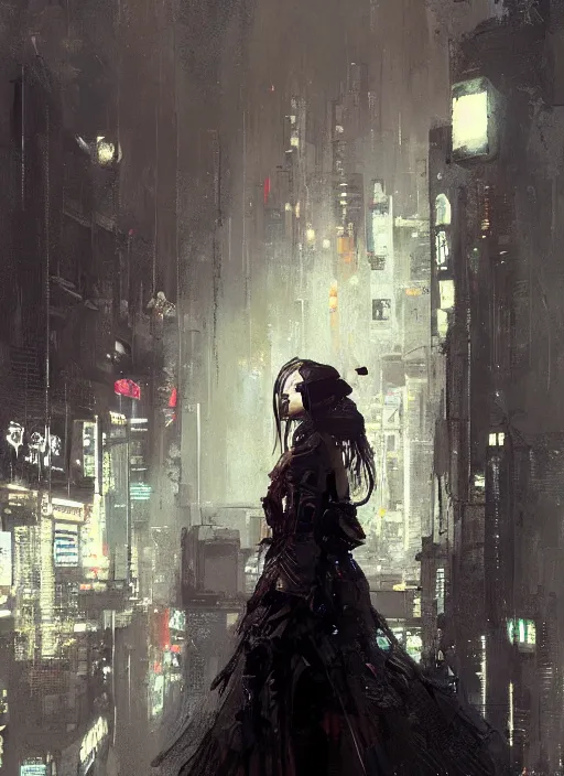 Image similar to cyberpunk geisha, rule of thirds, intricate outfit, spotlight, by greg rutkowski, by jeremy mann, digital painting