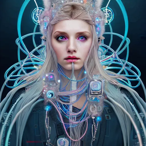 Image similar to high quality, high detailed portrait of a snow queen cyberpunk character in a futuristic world, hyperrealism, intricate details, cables, wires, connectors, led. alphonse mucha, pastel colors, vintage, artstation, vector. 8 k