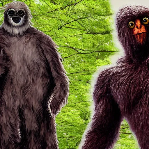 Image similar to mothman hanging out with bigfoot, hyperrealistic