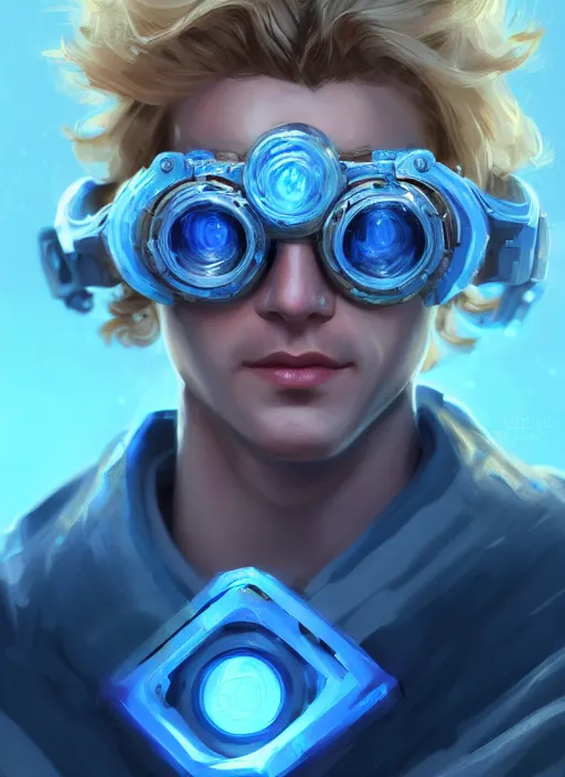 Prompt: a highly detailed illustration of thick wavy bright blonde haired effeminate boy wearing blue robe and goggles and iron cybermechanical arms, blue eyes, dramatic smiling pose, intricate, elegant, highly detailed, centered, digital painting, artstation, concept art, smooth, sharp focus, league of legends concept art, wlop