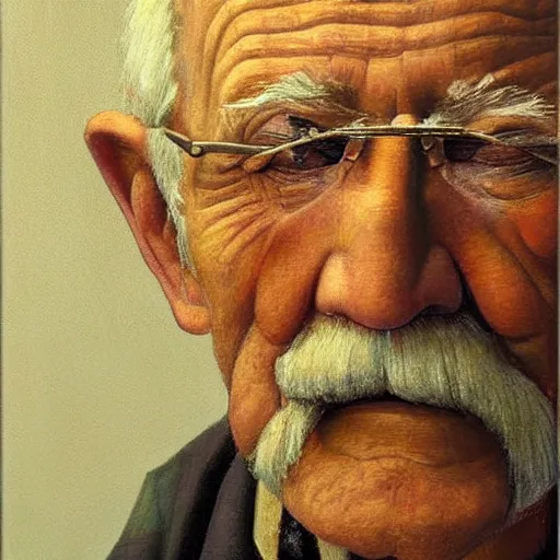 Image similar to detailing character concept portrait of old man by Grant Wood, on simple background, oil painting, middle close up composition