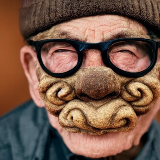 Prompt: an elderly man wearing a mask made from cinnabon, bold natural colors, national geographic photography, masterpiece, 8 k, raw, unedited, symmetrical balance