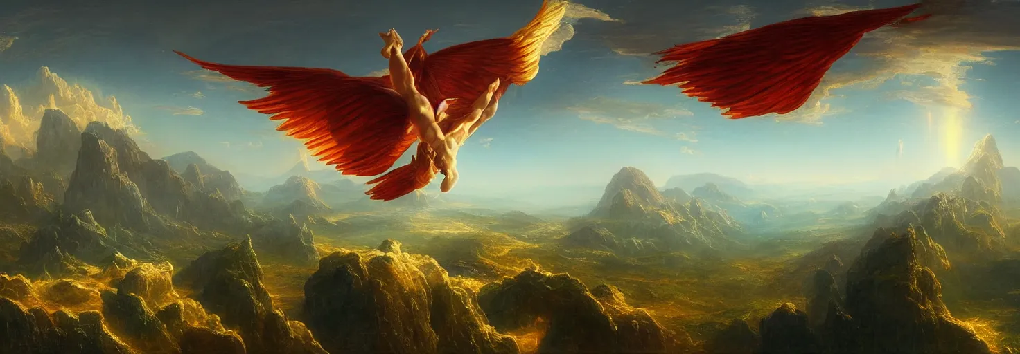 Image similar to Icarus with his wings on fire spiraling down as Daedalus bows his head in disbelief from the mountains below. in the style of a surreal and awe-inspiring Thomas Cole and Bruce Pennington digital art panorama landscape painting. unreal engine, 4k, matte, exquisite detail