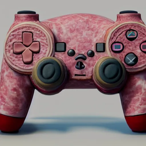 Prompt: a playstation controller made out of ham, hyperrealism, ultra high detail, uhd, cinematic, no blur