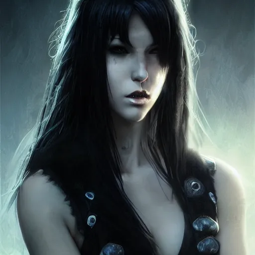 Image similar to kerli koiv, tifa lockhart, darkwave, darksynth character portrait, sharp, digital matte painting, art by luis royo, greg rutkowski, wlop, dramatic lighting, trending on artstation