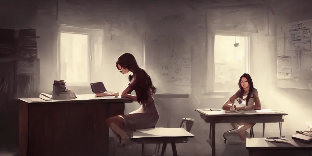 Image similar to an environmental concept art of a female student sitting at a desk, highly detailed, cinematic, dramatic lighting, close shot by francis tneh