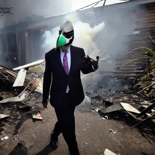 Image similar to photo of a man in a suit wearing a latex mask of a shoebill stork, at a favela, walking away from explosion, dramatic lighting