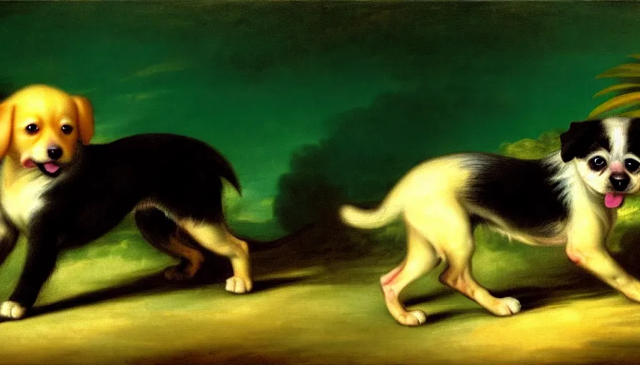 Prompt: a tropical dog dog kitten dog in the style of francisco goya, 4 k resolution, tropical background, tropical