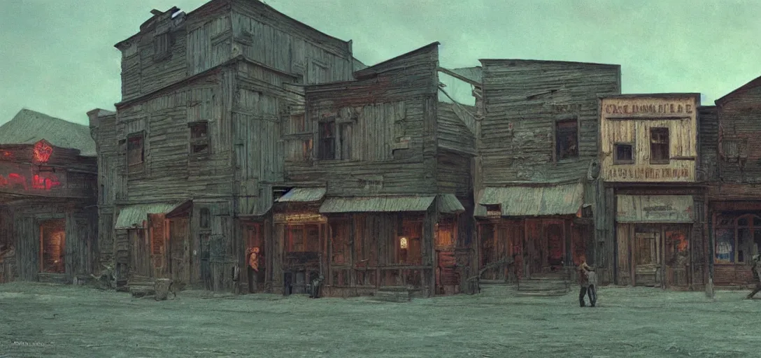 Prompt: from a movie scene, painting of a western saloon exterior in old town, beksinski, gregory crewdson, cinematic wide shot