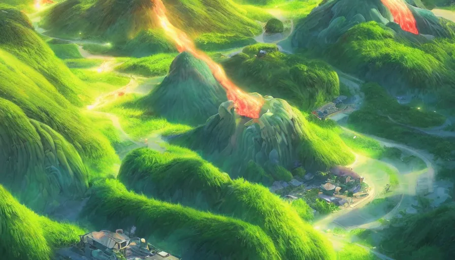 Prompt: A highly detailed digital art painting of a beatiful green valley villiage with flaming volcanoes in the background by Studio Ghibli, Makoto Shinkai, by Artgerm, by beeple, volumetric lighting, octane render, 4K resolution, trending on artstation, masterpiece, vivid colours