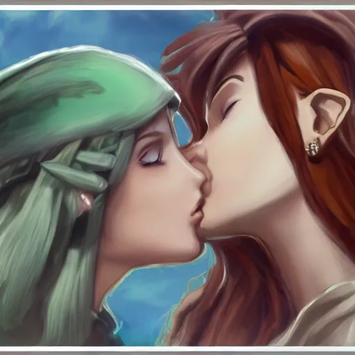 Image similar to female link and malon kissing, concept art, highly detailed