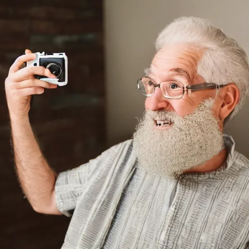 Image similar to cute cartoon character, beard grandpa taking a photo to a baby girl, old camera