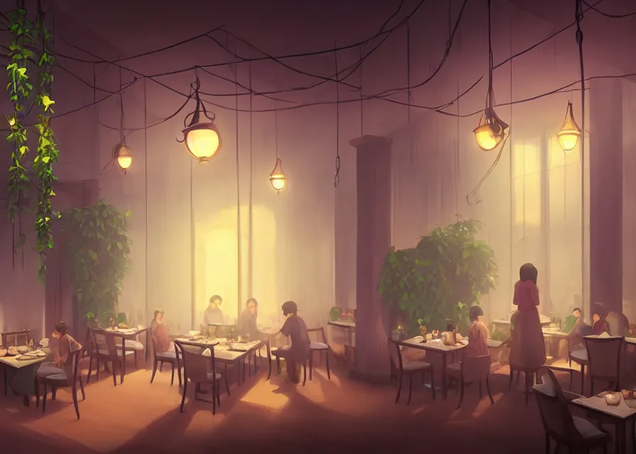 Image similar to an interior room of a dim restaurant at night with hanging plants, makoto shinkai, dusty, matte painting