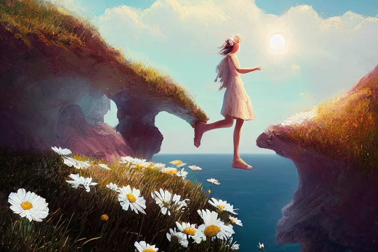 Image similar to giant white daisy flower head, girl walking on cliff, surreal photography, solar eclipse, milky way, dramatic light, impressionist painting, clouds, digital painting, artstation, james gilleard, liam wong, jeremy mann, simon stalenhag