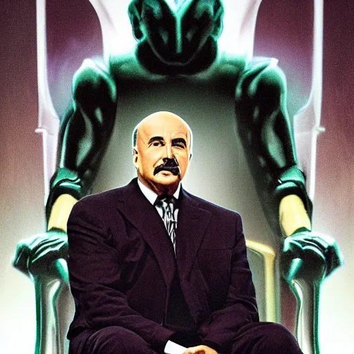 Image similar to a photograph of dr. phil as an evil supervillain, wearing all black, sitting in a throne