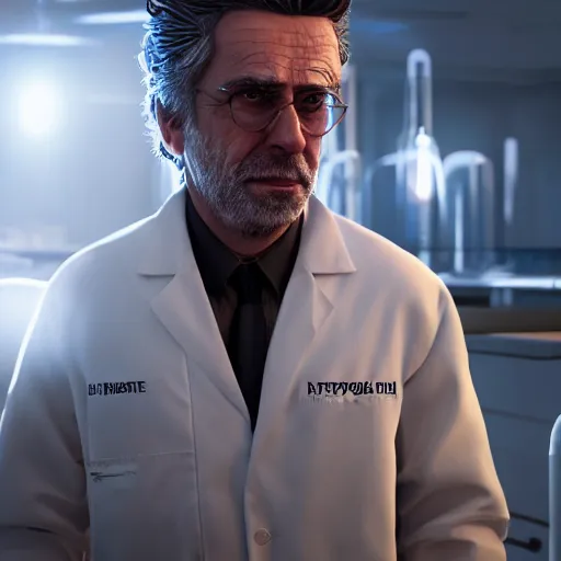 Image similar to portrait art of rick sanchez, lab coat, 8 k ultra realistic, lens flare, atmosphere, glow, detailed, intricate, full of colour, cinematic lighting, trending on artstation, 4 k, hyperrealistic, focused, extreme details, unreal engine 5, cinematic, masterpiece