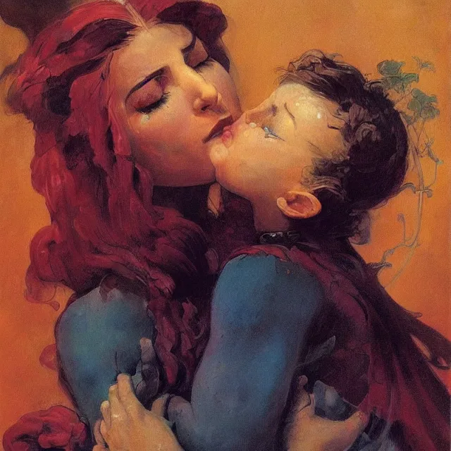 Prompt: an aesthetic! detailed portrait of an aesthetic woman crying mournfully while holding a child, by frank frazetta, oil on canvas, bright colors, art nouveau, epic composition, dungeons and dragons fantasy art, hd, god - rays, ray - tracing, crisp contour - lines, huhd - 8 k