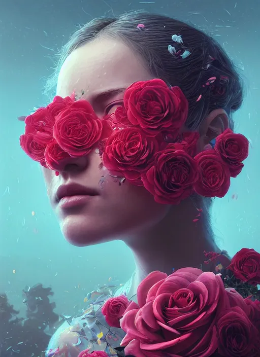 Image similar to portrait of a female face with roses instead of eyes. roses, intricate abstract upper body intricate artwork, by tooth wu, wlop, beeple, dan mumford. concept art, octane render, deviantart, greg rutkowski, cinematic arthouse, key art, hyper realism, iridescent accents