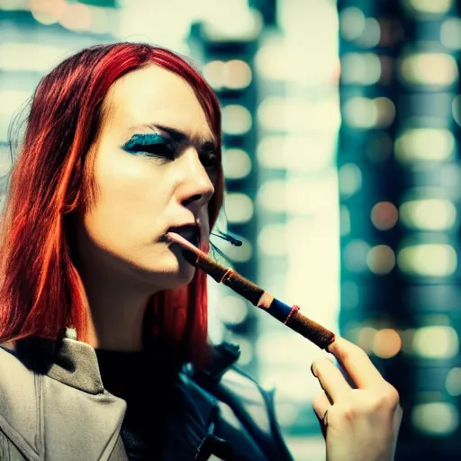 Image similar to cyberpunk woman in a city smoking a cigarette