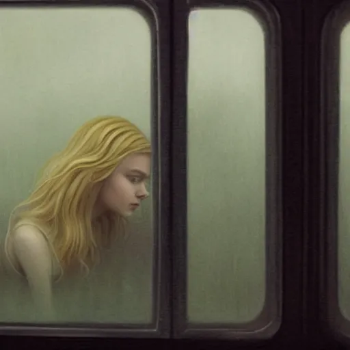 Prompt: silhouette of Elle Fanning gazing out a train-car window, stormy weather, extremely detailed masterpiece, oil on canvas, low-key neon lighting, artstation, Blade Runner 2049, Roger Deakin’s cinematography, by J. C. Leyendecker and Peter Paul Rubens,