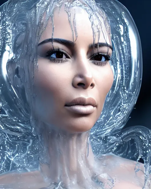 Image similar to epic still of kim kardashian trapped in a transparent alien liquid, wet flowing hair, gooey skin, illustration, unreal engine 5, 8 k, made by h. r. giger.