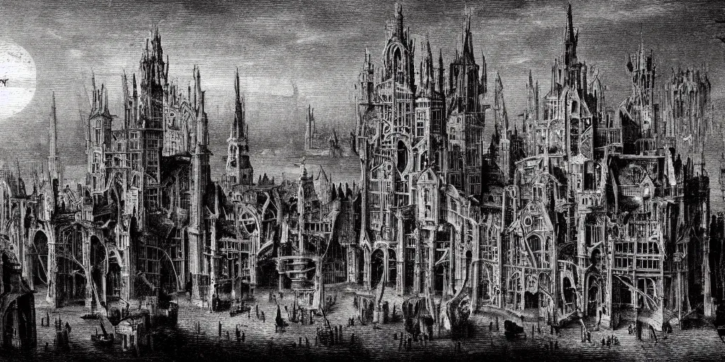 Prompt: demonic gothic megastructure at dusk in the style of heironymus bosch, intricate masterpiece, hyper detailed, hd