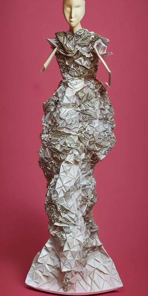 Image similar to portrait of a beautiful ceramic female tiger model wearing sakura and peach ( ( origami themed paper flower ) ) and metallic molded shaped gown, haute couture by issey miyake