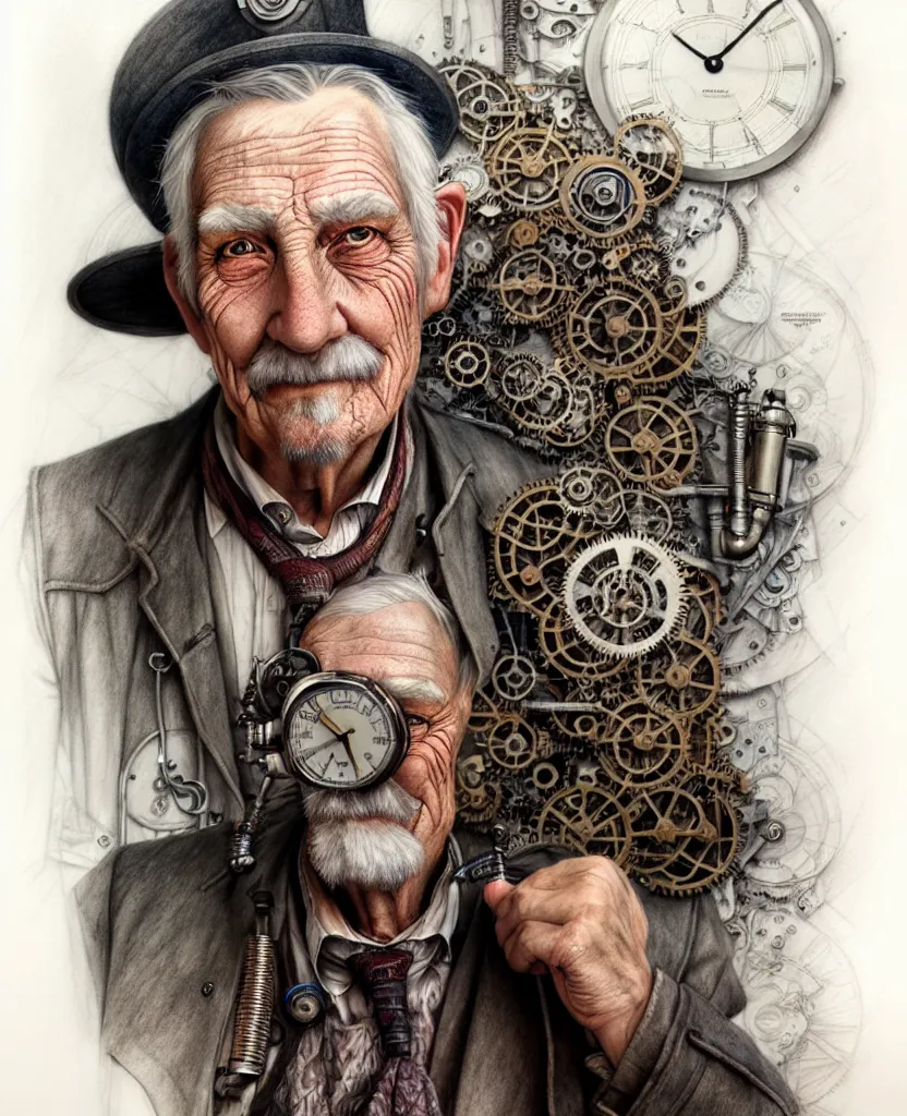 Image similar to hyper realistic full figure pencil drawing of an older man steampunk, water color, detailed, rim light, diffused, intricate, by anna dittmann,