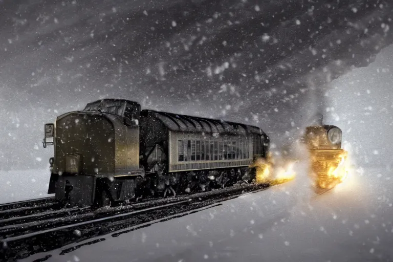 Image similar to an old locomotive is rushing through the snow storm in high speed, white steam on the side, and dark smoke with fire from the pipes, dynamic angled shot, speed lines, fire particles and snowflakes everywhere, 8k, hyperrealistic, ultra sharp, octane render, unreal engine, light breaks through the roofs, artstation, very detailed, 16k, cinematic scenery,