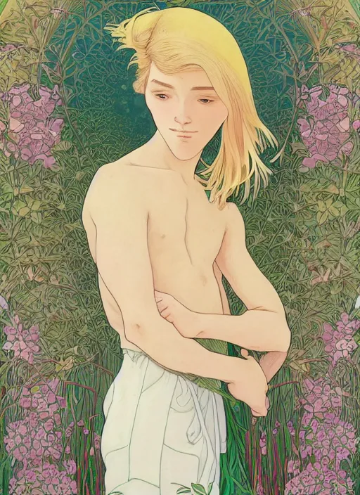 Image similar to book cover, pretty young man with shoulder length blond hair, male, half body shot, flower pattern background, path traced, highly detailed, high quality, digital painting, by studio ghibli and alphonse mucha, leesha hannigan, hidari, art nouveau, chiho aoshima, jules bastien - lepage